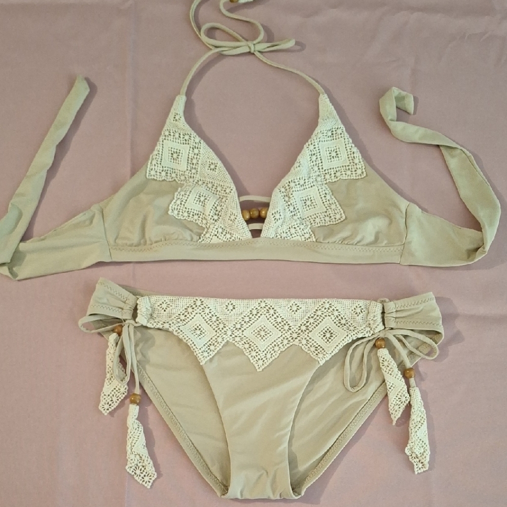 BECCA Tan Classic Bikini Set with Hand Woven Crochet Design